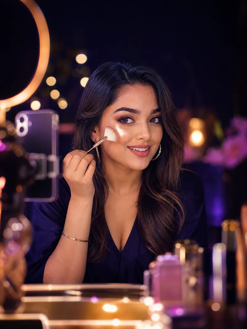 A beauty creator applying makeup LIVE in front of a ring light