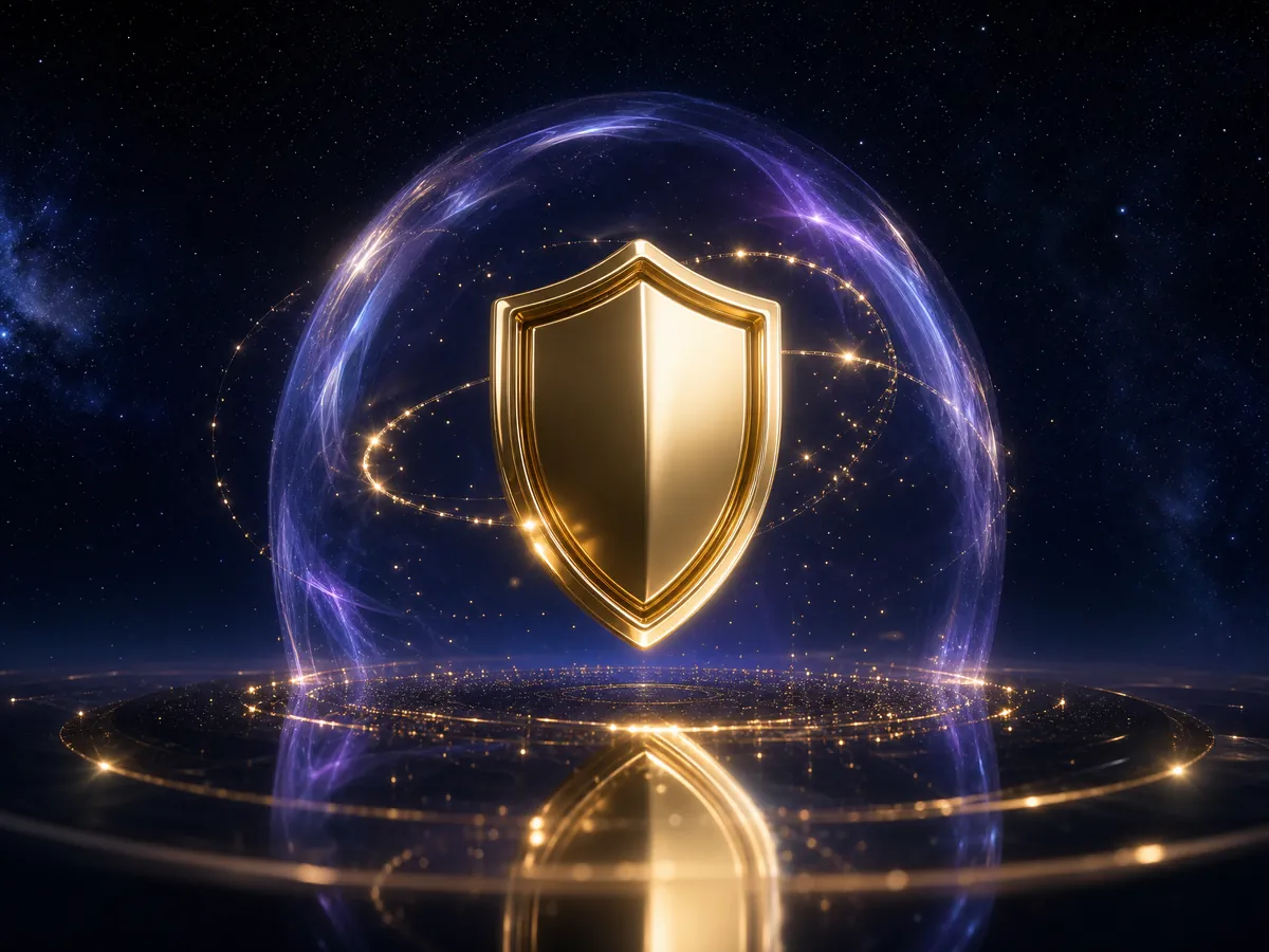 A golden shield inside a glowing protective dome, symbolising account protection