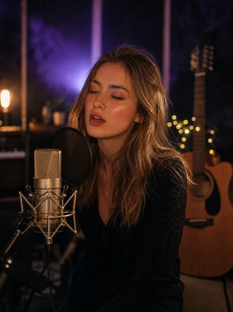 A singer performing LIVE into a studio microphone